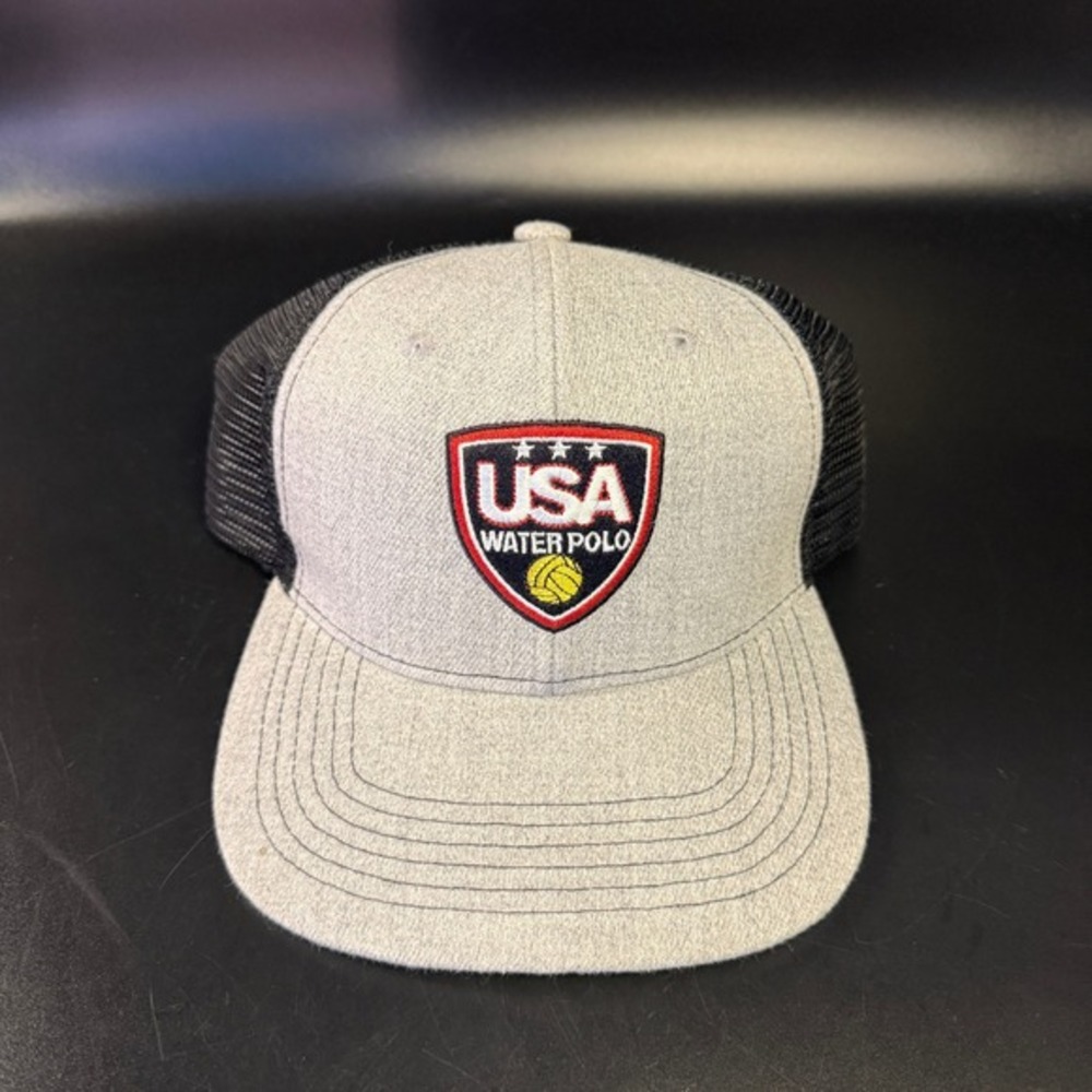 USA‎ Water Polo Shield Logo Gray Black Wool Blend Mesh Trucker Hat Mens OSFM
